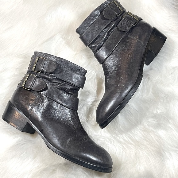 Farylrobin Shoes - Faryl Robin Dark Grey Gold Studded Leather Booties